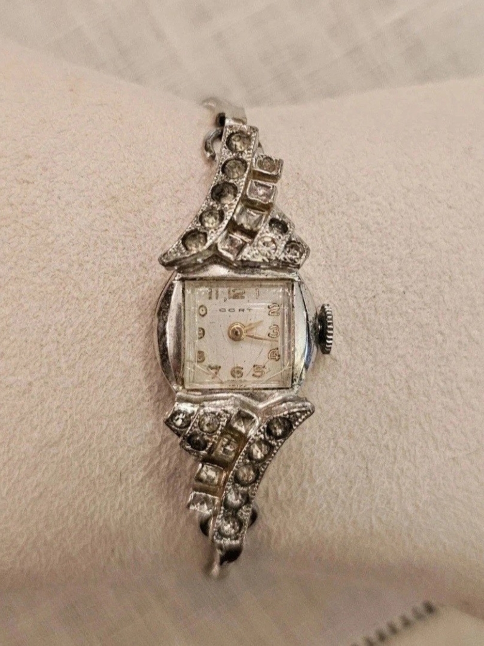 Vintage 40s Cort Art Deco Watch Rhinestone Silver Metal Band Mechanical Mvt Runs